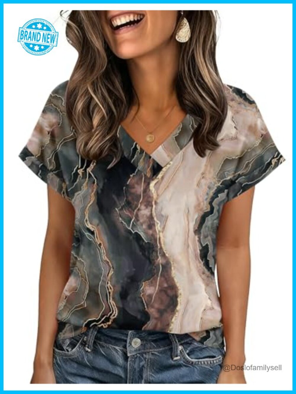 Womens V-Neck Rolled Short Sleeve T-Shirt Casual Summer Blouse